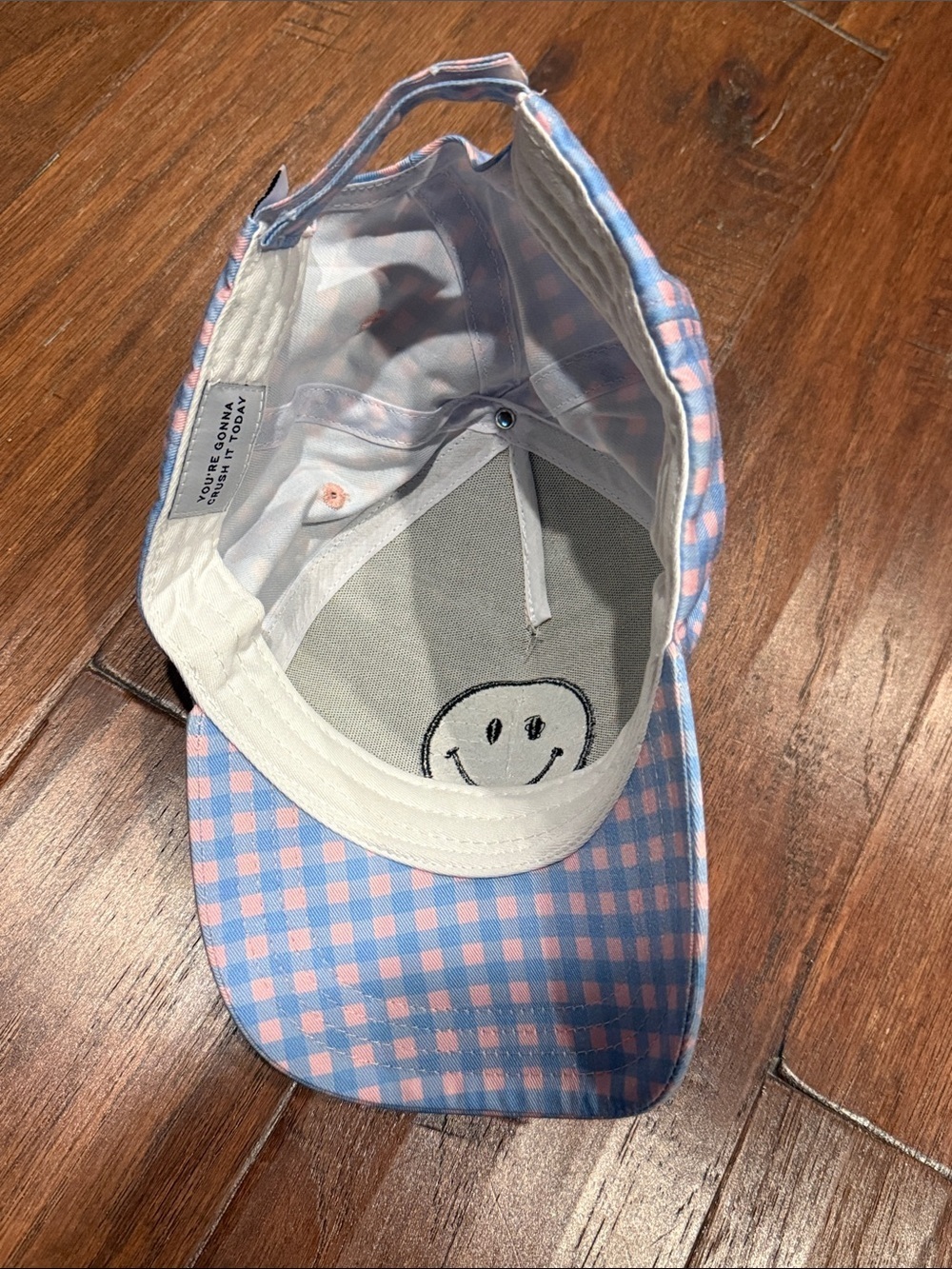 Blue & Pink Gingham Smiley Face Baseball Cap - Picture 3 of 4